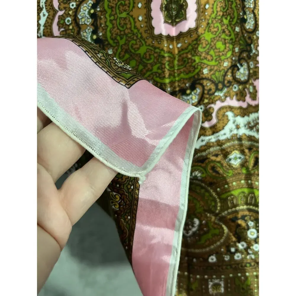 VTG Paisley Scarf Pink Green Boho Cottage Core Poly Satin 26